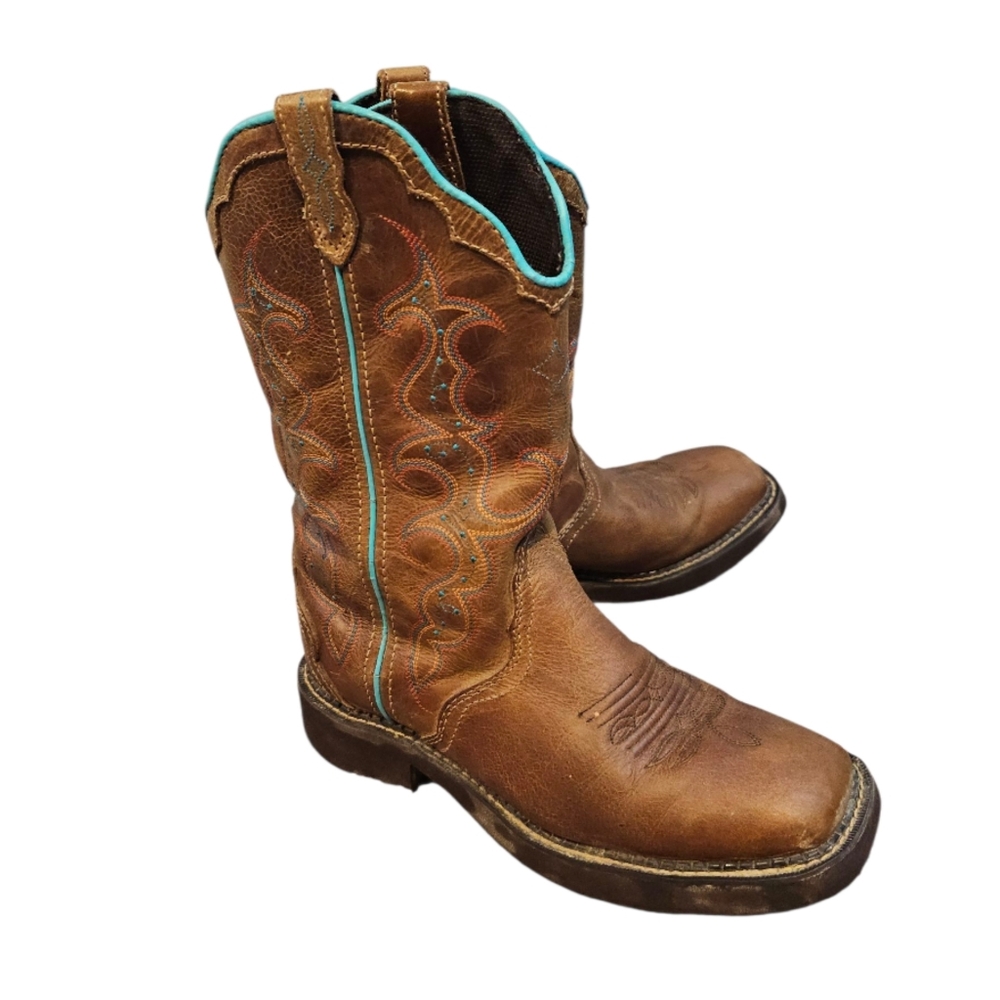 Justin Size 8 1/2 Western Cowboy Boots with Turquoise Accents Square Toe Raya - Picture 6 of 8